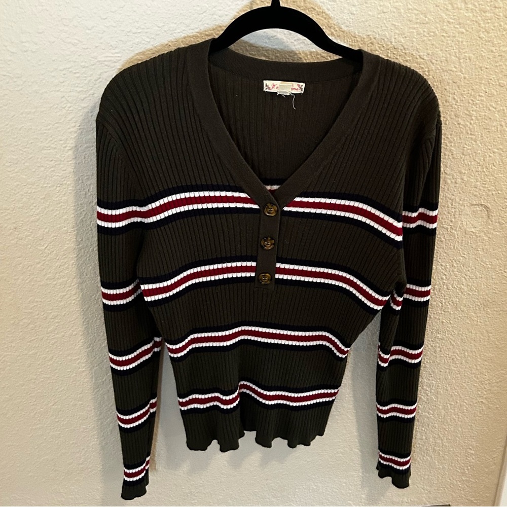 It’s Our Time Striped Ribbed Henley Sweater Olive Green – Size XXL